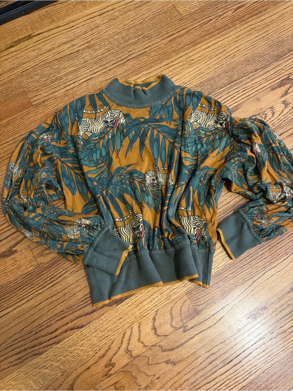 Anthropologie (Conditions Apply) Brown and Green Printed Puff-Sleeve Sweater
